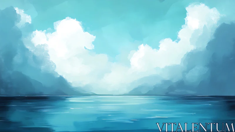 Serene turquoise seascape meets towering sunlit clouds