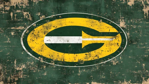 Weathered green and gold football logo on grunge background.