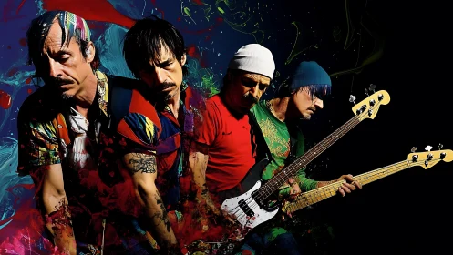 Electric bassist in vibrant paint-splashed motion collage