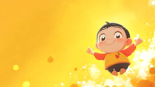 Joyful cartoon child drifts through a glowing golden sky
