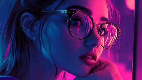 Neon nightdream girl in oversized glasses and city reflections.