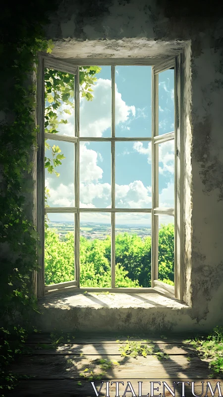 Open rustic window frames bright landscape under clear sky