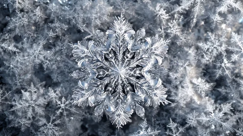 Single ice crystal macro shows hexagonal branching structure