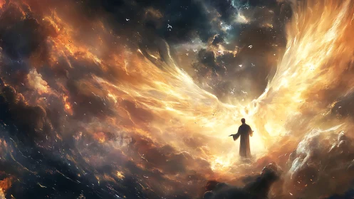 Digital painting of celestial figure within apocalyptic light storm.
