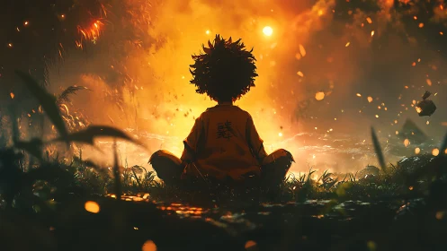 Solitary seated figure observes luminous forest clearing