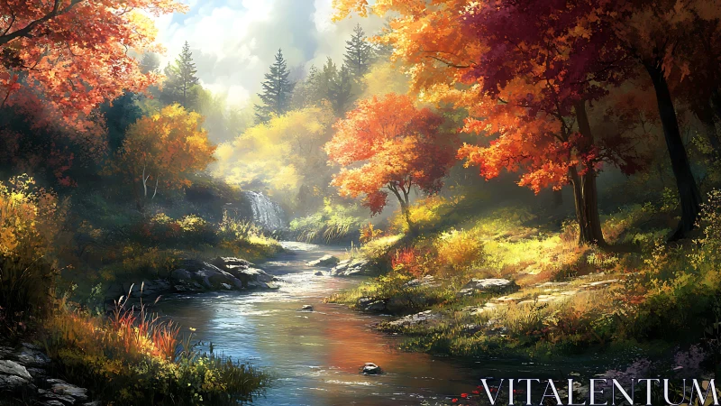 Autumn Stream Through Enchanted Forest.