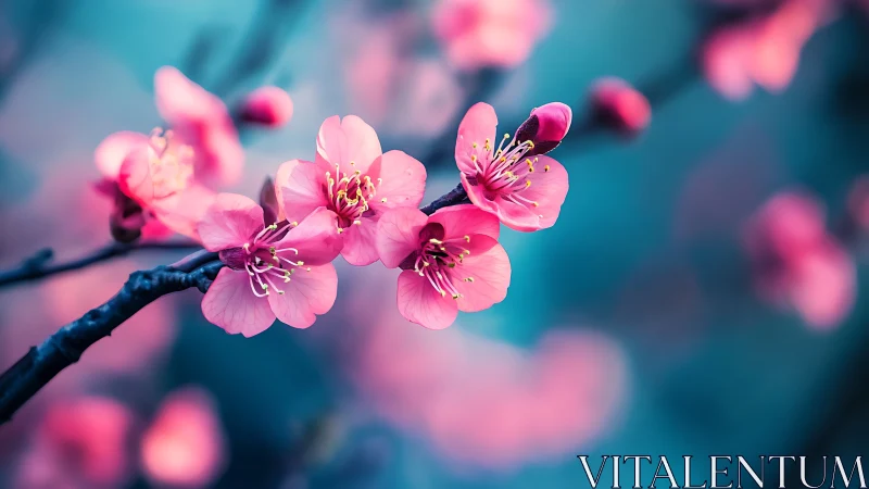 Pink Blossoms Dancing Against Turquoise Dreams.
