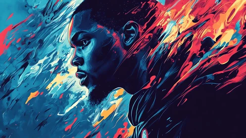 Profile portrait of man amid abstract blue and red streaks.