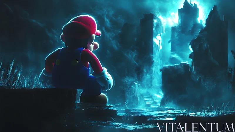 Mario figure faces glowing ruined city in dark landscape