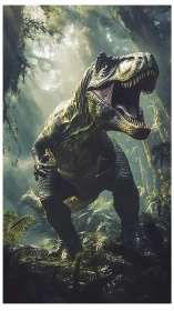 Cinematic tyrannosaurus in volumetric jungle light study.