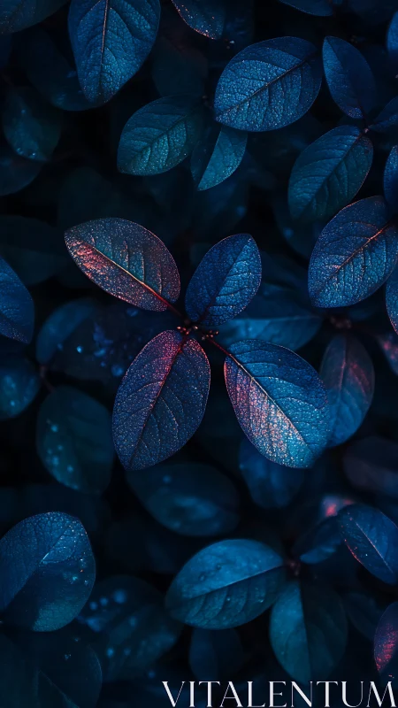 Blue-toned foliage with selective red-tinted leaf surfaces.
