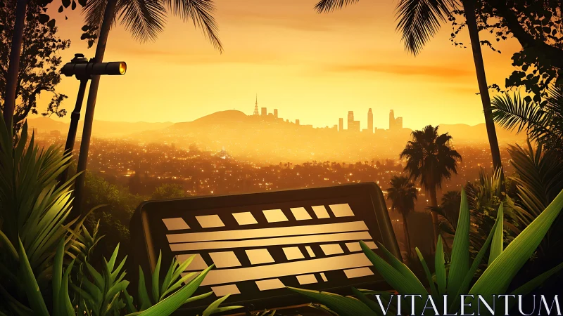 Cinematic cityscape horizon with clapperboard and telescope frame.