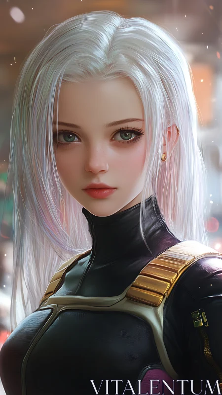 Silver-haired cyber operative in tactical exosuit portrait.