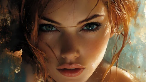 Fiery portrait with teal eyes in painterly digital realism.