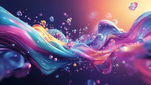 Colorful liquid ribbons and bubbles in abstract motion