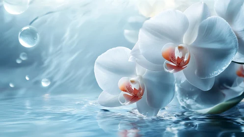 White Orchids Floating in Water with Dewdrops.