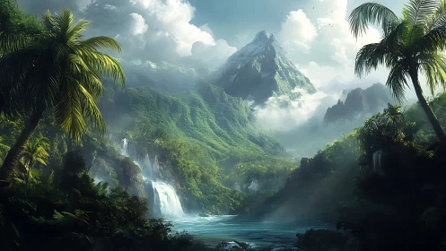 Tropical Valley Paradise with Misty Mountains.