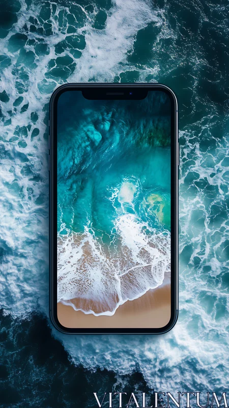Smartphone screen mirrors aerial turquoise ocean surf