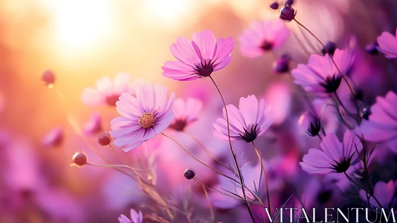 Pink cosmos flowers glow in warm sunset light with dreamy bokeh