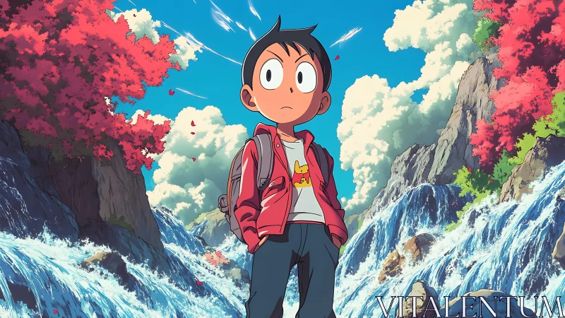 Wide-eyed river wanderer under roaring autumn waterfalls.