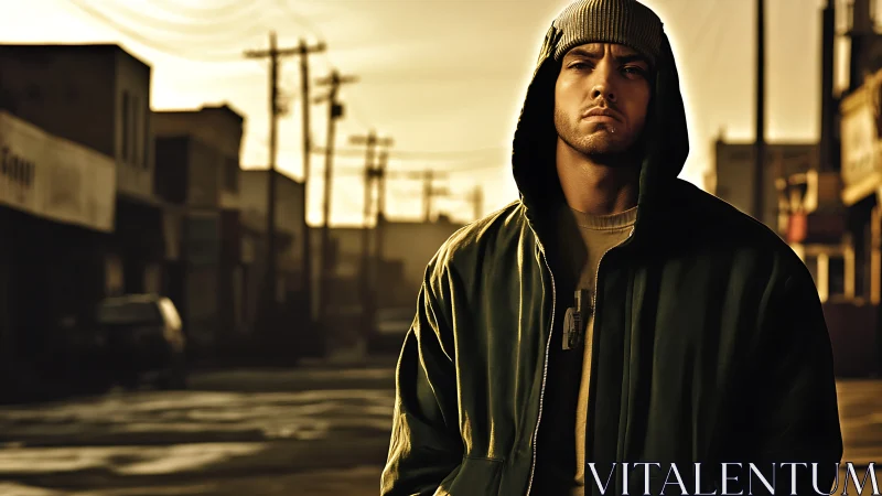 Photorealistic urban portrait with dramatic golden backlight.