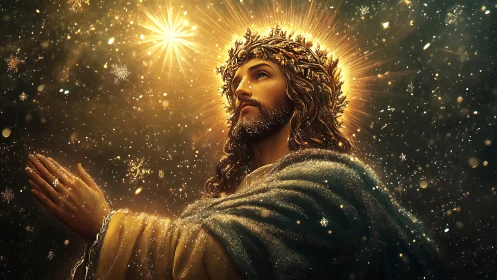 Radiant crowned figure in glowing golden celestial light.