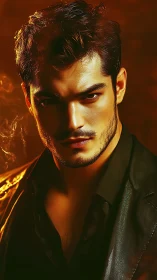 Moody portrait of a confident man in warm golden light.