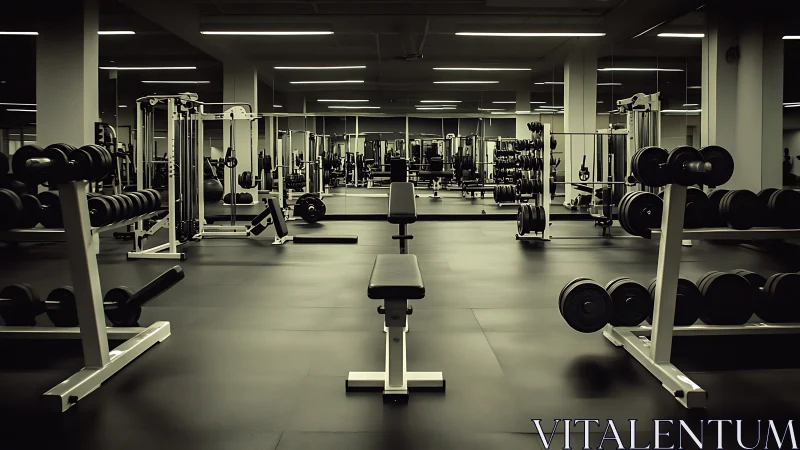 Modern weight room stands empty in moody, low-key lighting.