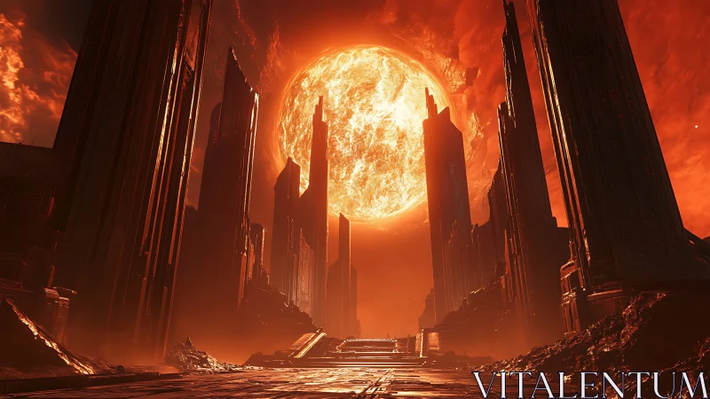 Crimson sun gateway above a towering alien citadel.