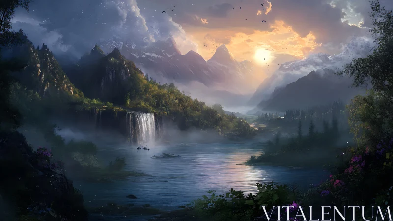Digital landscape depicts river, waterfall and distant mountains