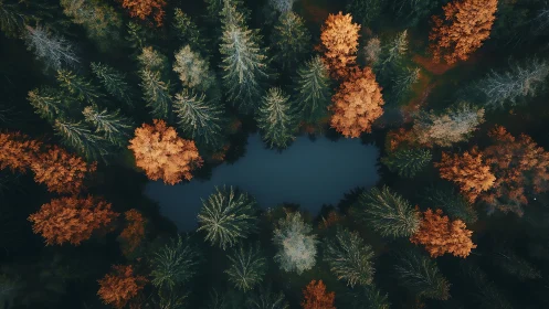 Aerial autumn conifer&ndash;deciduous forest encircling dark pond.