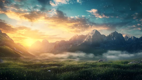 Sunlit mountain range with mist over grassy valley at dawn.