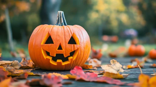 Smiling jack-o’-lantern glows amid colorful autumn leaves.