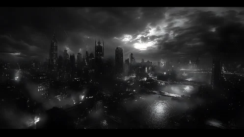 Noir megacity skyline glows through rain and heavy storm