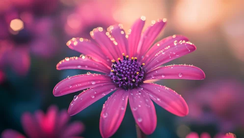 Pink daisy with dew drops under soft, blurred background.