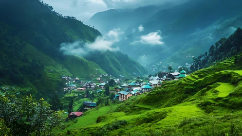 Misty mountain village with vivid green terraced hillsides.