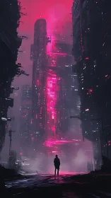 Solitary figure surveys neon-saturated megastructure in foggy void