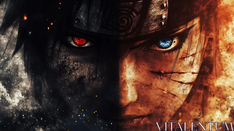 Dual-eyed warrior divides fire and shadow in intense portrait.