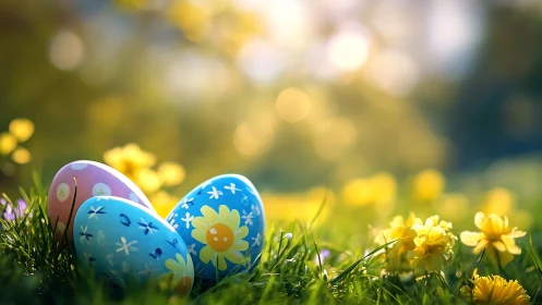 Colorful Easter eggs resting in sunlit spring grass.