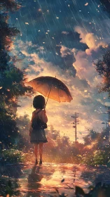 Solitary girl with umbrella in luminous rainy sunset street.