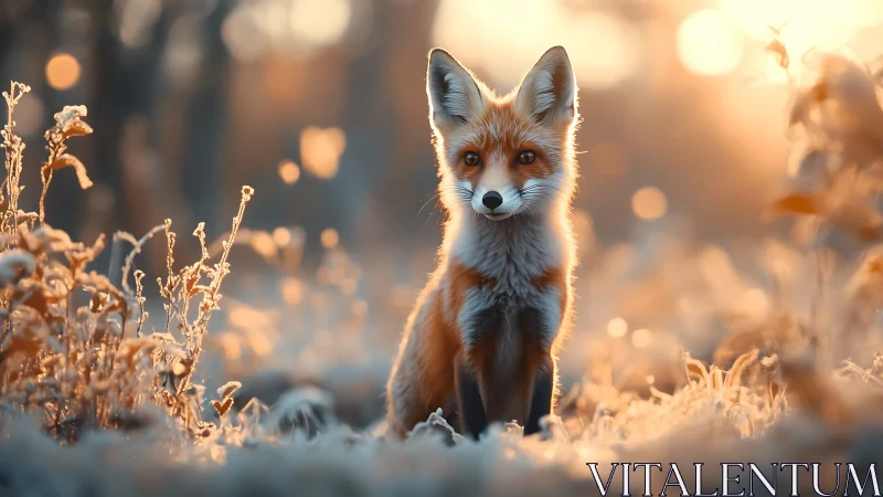 Golden hour fox portrait in frosted meadow bokeh glow.