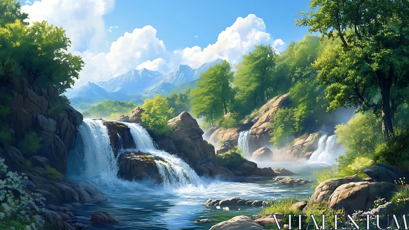 Sunlit cascading waterfalls in serene alpine forest valley.