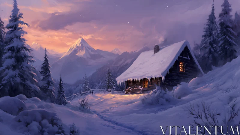 Snowy mountain cabin glows warmly under a soft twilight sky