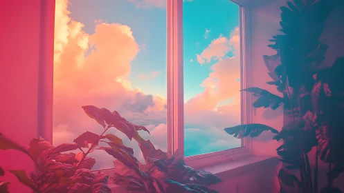 Indoor tropical plants frame window view of vivid clouds