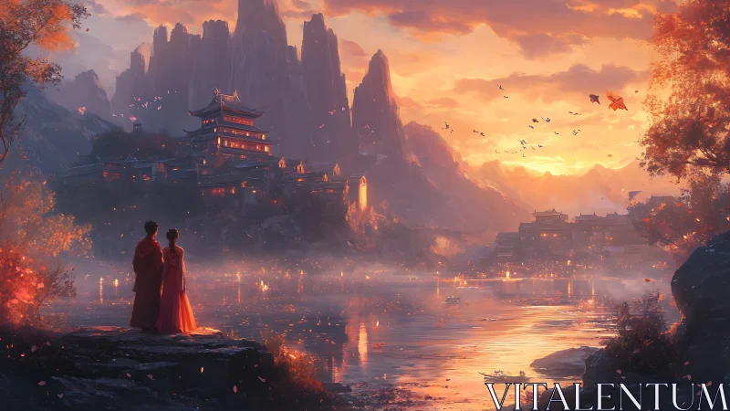 Sunset pagoda dreamscape with quiet lovers by the lake.