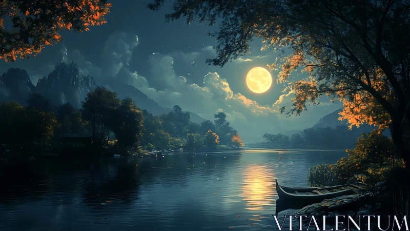 Luminous full moon illuminates a tranquil forested mountain lake