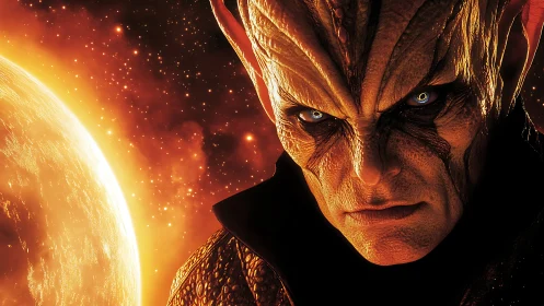 Alien humanoid stares intensely beside glowing orange planet