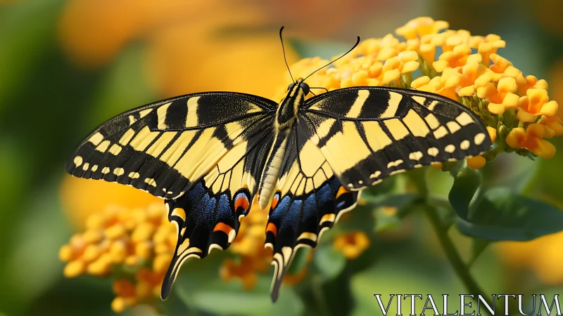 Swallowtail butterfly spreads jeweled wings over golden blooms.