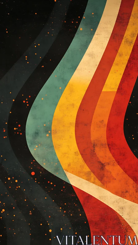 Curved retro color bands sweep across textured dark field