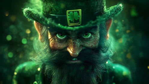 Mischievous leprechaun gazes ahead with shimmering green magic